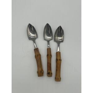 Vintage Japan Stainless Grapefruit Spoons Serrated Bamboo MCM Tiki Set of 3
